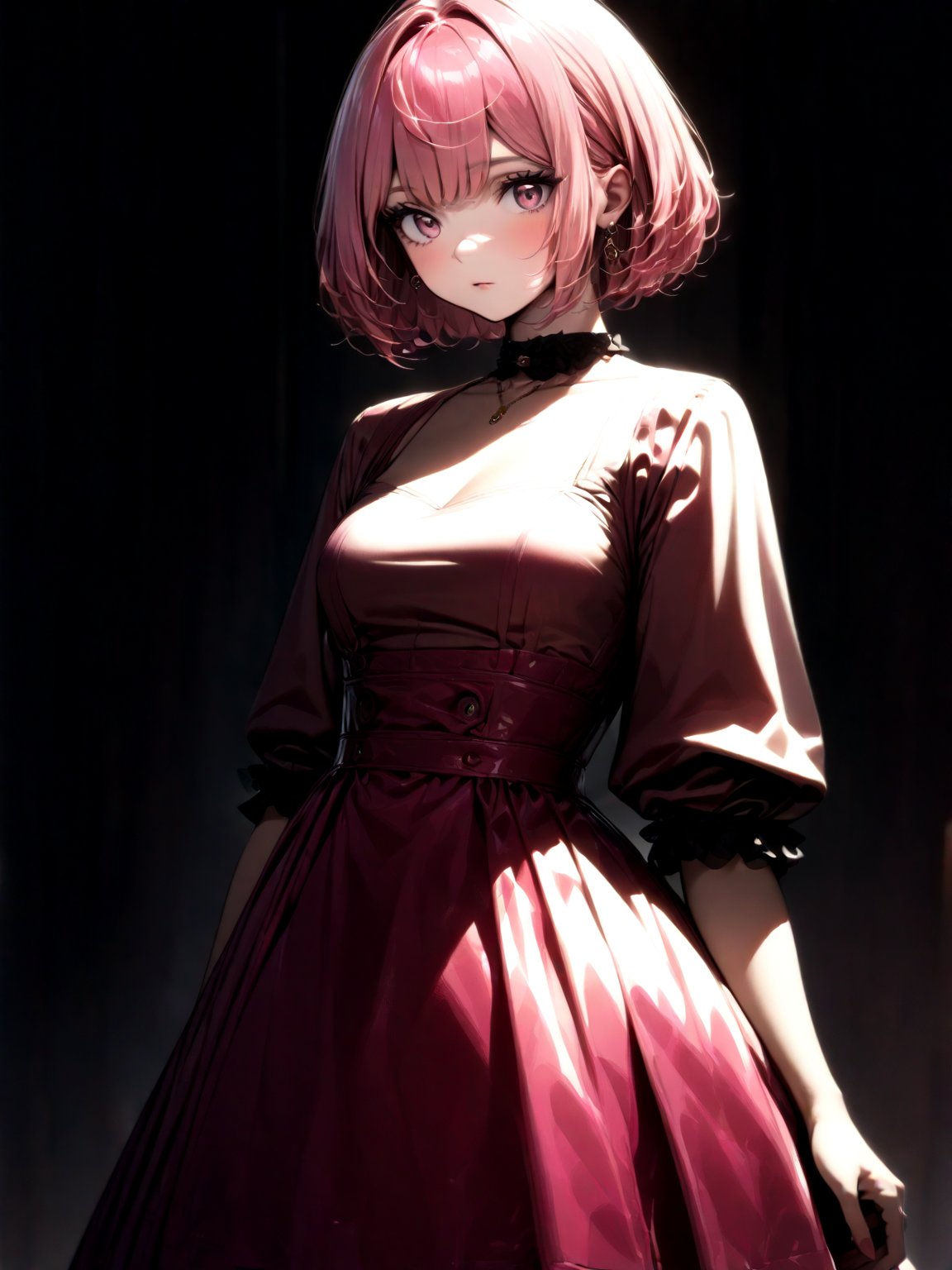 best quality, 8k, 8k UHD, ultra-high resolution, ultra-high definition, highres
,//Character, 
1girl, solo
,//Fashion, 
,//Background, 
,//Others, ,Expressiveh, 
Alural, short hair, pink hair, pink eyes, dress