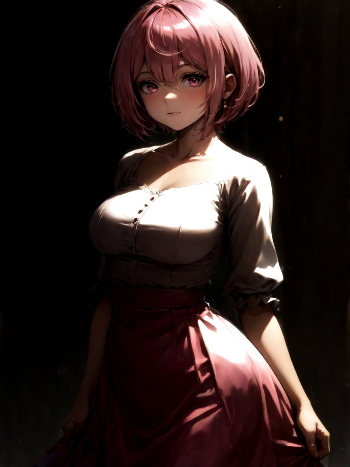 best quality, 8k, 8k UHD, ultra-high resolution, ultra-high definition, highres
,//Character, 
1girl, solo
,//Fashion, 
,//Background, 
,//Others, ,Expressiveh, 
Alural, short hair, pink hair, pink eyes, dress