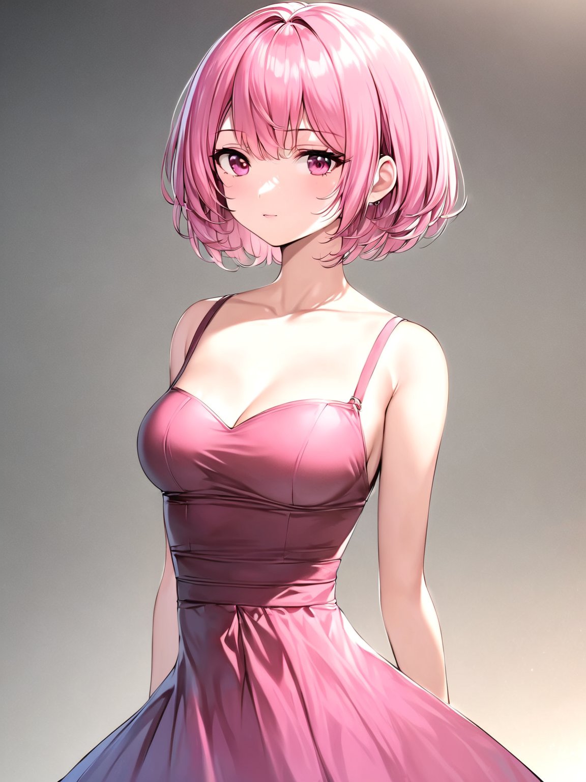 best quality, 8k, 8k UHD, ultra-high resolution, ultra-high definition, highres
,//Character, 
1girl, solo
,//Fashion, 
,//Background, 
,//Others, ,Expressiveh, 
Alural, short hair, pink hair, pink eyes, dress