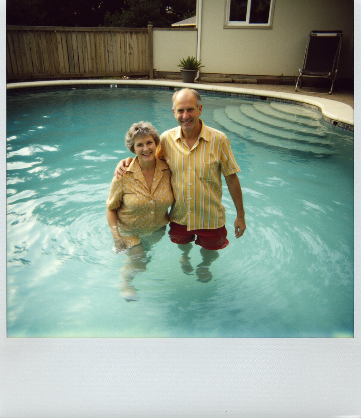 Polaroid frame of a old couple at a home swimming pool