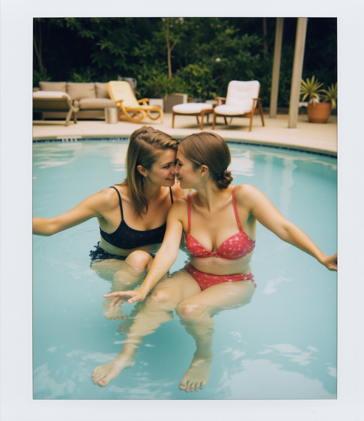 Polaroid frame of Close up of two women at a home swimming pool