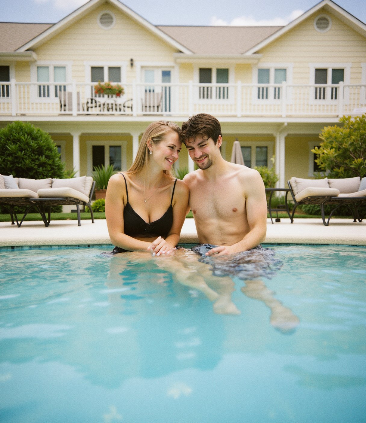 Polaroid frame of a young couple at a home swimming pool