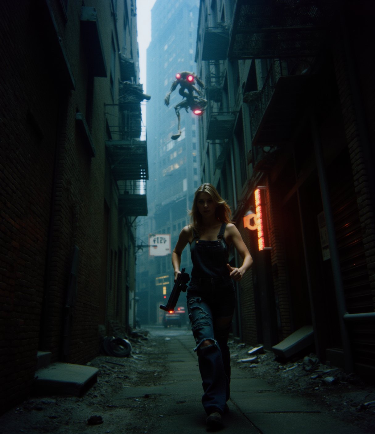 Polaroid frame of Close up, overhead shot of a woman running down a dark alleyway between two crumbling high-rise buildings, with a holographic display of her pursuers on the walls and a strange creature with glowing red eyes lurking in the shadows, in a neon-lit cityscape that feels like a dystopian nightmare. She's dressed in tattered overalls and has a pistol at her side