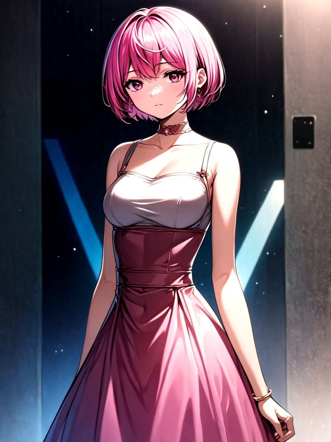 best quality, 8k, 8k UHD, ultra-high resolution, ultra-high definition, highres
,//Character, 
1girl, solo
,//Fashion, 
,//Background, 
,//Others, ,Expressiveh, 
Alural, short hair, pink hair, pink eyes, dress