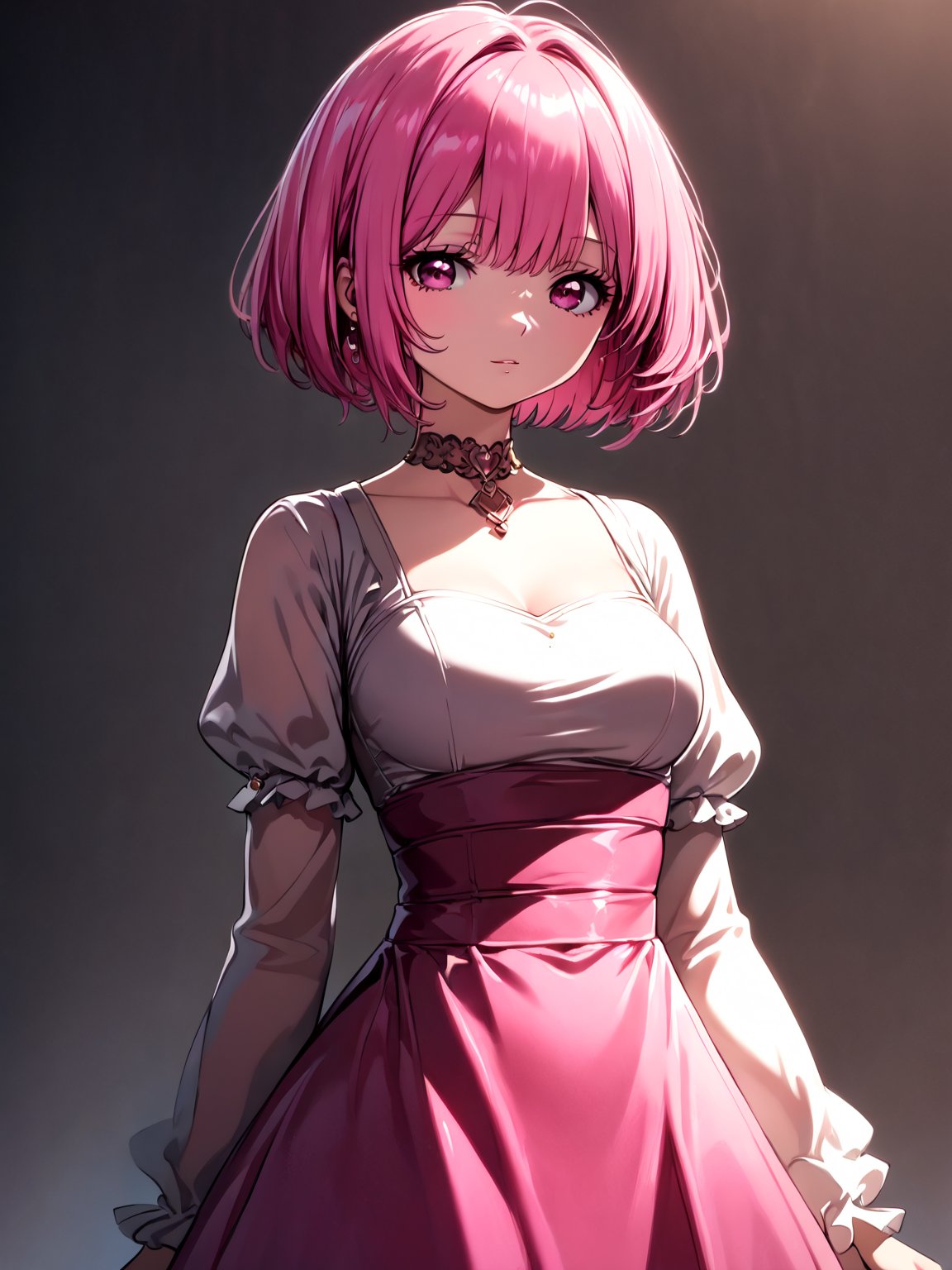 best quality, 8k, 8k UHD, ultra-high resolution, ultra-high definition, highres
,//Character, 
1girl, solo
,//Fashion, 
,//Background, 
,//Others, ,Expressiveh, 
Alural, short hair, pink hair, pink eyes, dress