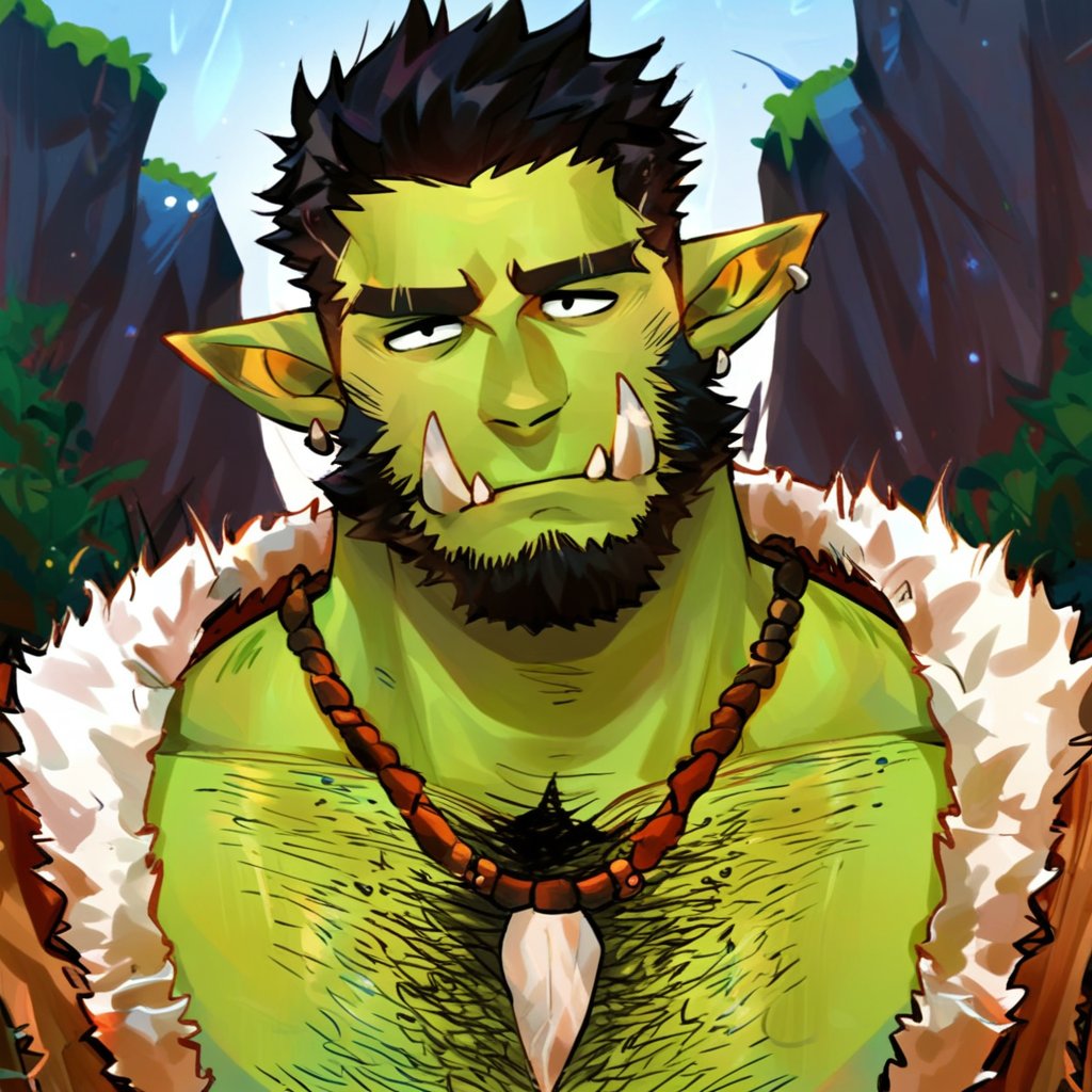 fungiteh, 1boy, bara, beard, black hair, chest tuft, colored skin, earrings, extra tusks, facial hair, full beard, green skin, head tilt, jewelry, large pectorals, male focus, mature male, monster boy, muscular, muscular male, necklace, orc, outdoors, pectorals, pointy ears, short hair, solo, thick beard, thick chest hair, tooth necklace, tribal, tsurime, tusks, score_9, score_8_up, score_7_up, score_6_up, score_5_up, score_4_up