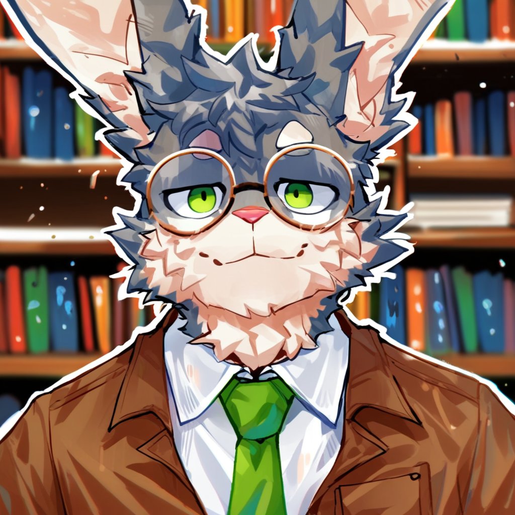 fungiteh, lagomorph, leporid, mammal, rabbit, anthro, brown clothing, brown topwear, cheek tuft, clothed, clothing, detailed background, eyewear, facial tuft, front view, fur, glasses, glistening, glistening eyes, green eyes, green necktie, grey body, grey fur, head tuft, inside, library, looking at viewer, male, mouth closed, necktie, pink nose, round glasses, solo, topwear, tuft, white body, white clothing, white fur, white topwear, score_9, score_8_up, score_7_up, score_6_up, score_5_up, score_4_up