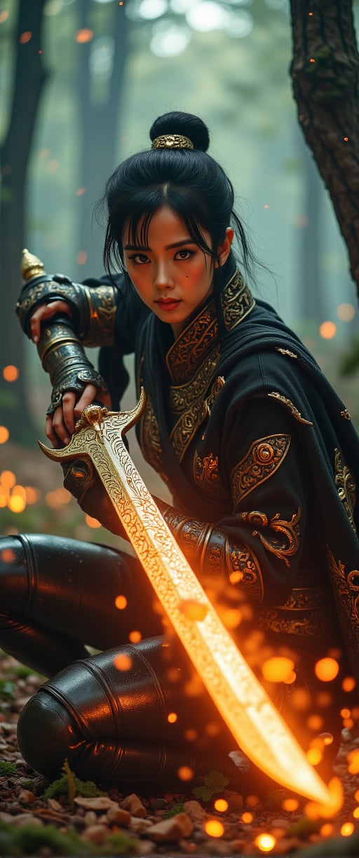 A fierce sexy  japanese female warrior crouched low, gripping a long, ornate sword with both hands, illuminated by a fiery orange aura that highlights intricate golden designs on the blade and hilt; rugged expression, dark tousled hair flowing freely, clad in elaborate metallic armor with a dark cloak draping over his back; misty twilight forest background with dark looming trees, smoky ethereal air, glowing embers and sparks around; earthy browns, oranges, and golds dominate the scene, contrasting with cooler dark greens and grays of the forest, creating a mystical, intense atmosphere,jisosmile