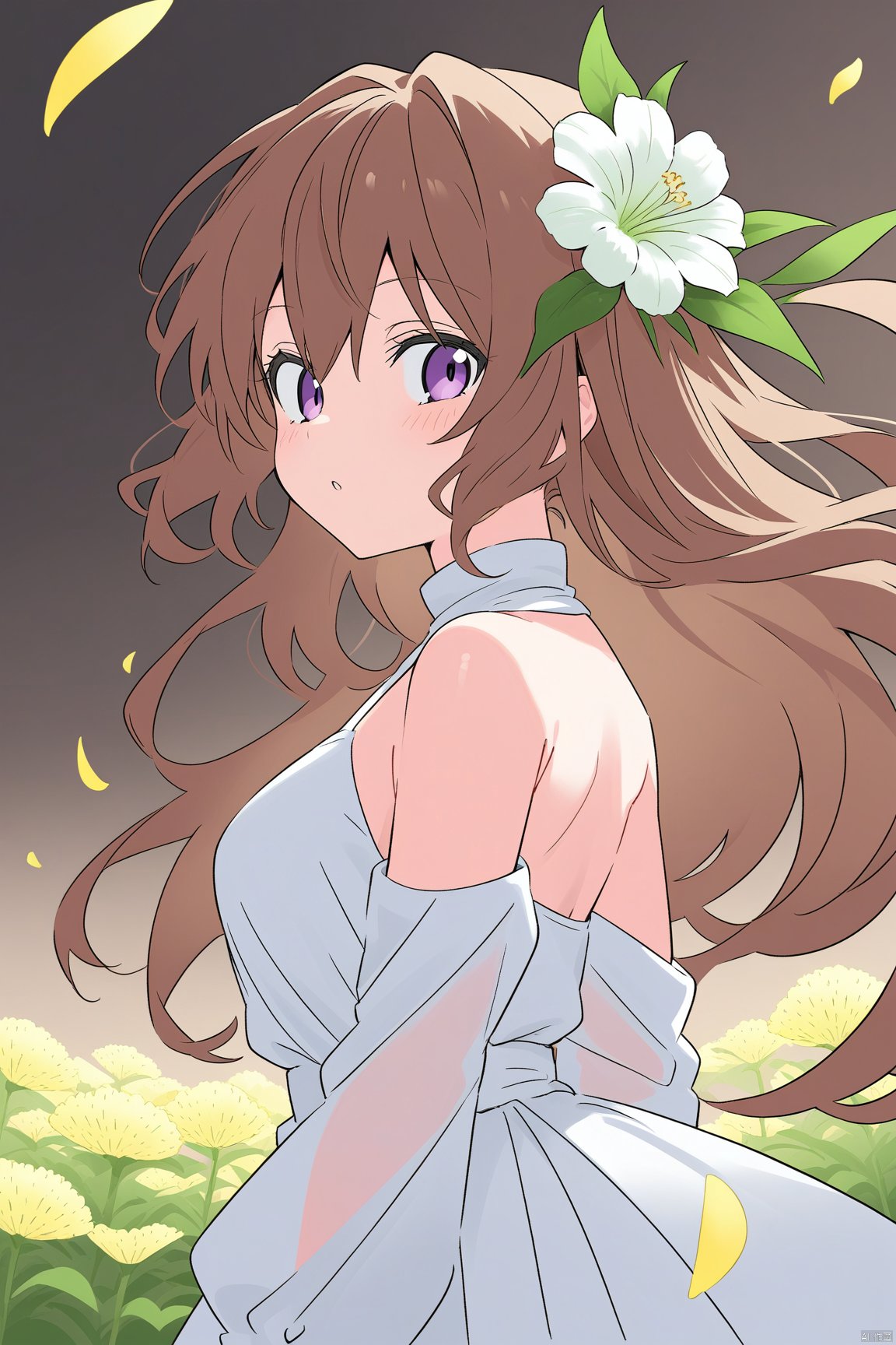 1girl, bare_shoulders, breasts, brown_hair, dress, floating_hair, flower, from_side, hair_flower, leaf, lily_\(flower\), long_hair, looking_at_viewer, petals, purple_eyes, sideboob, small_breasts, solo, upper_body, white_flower, wind