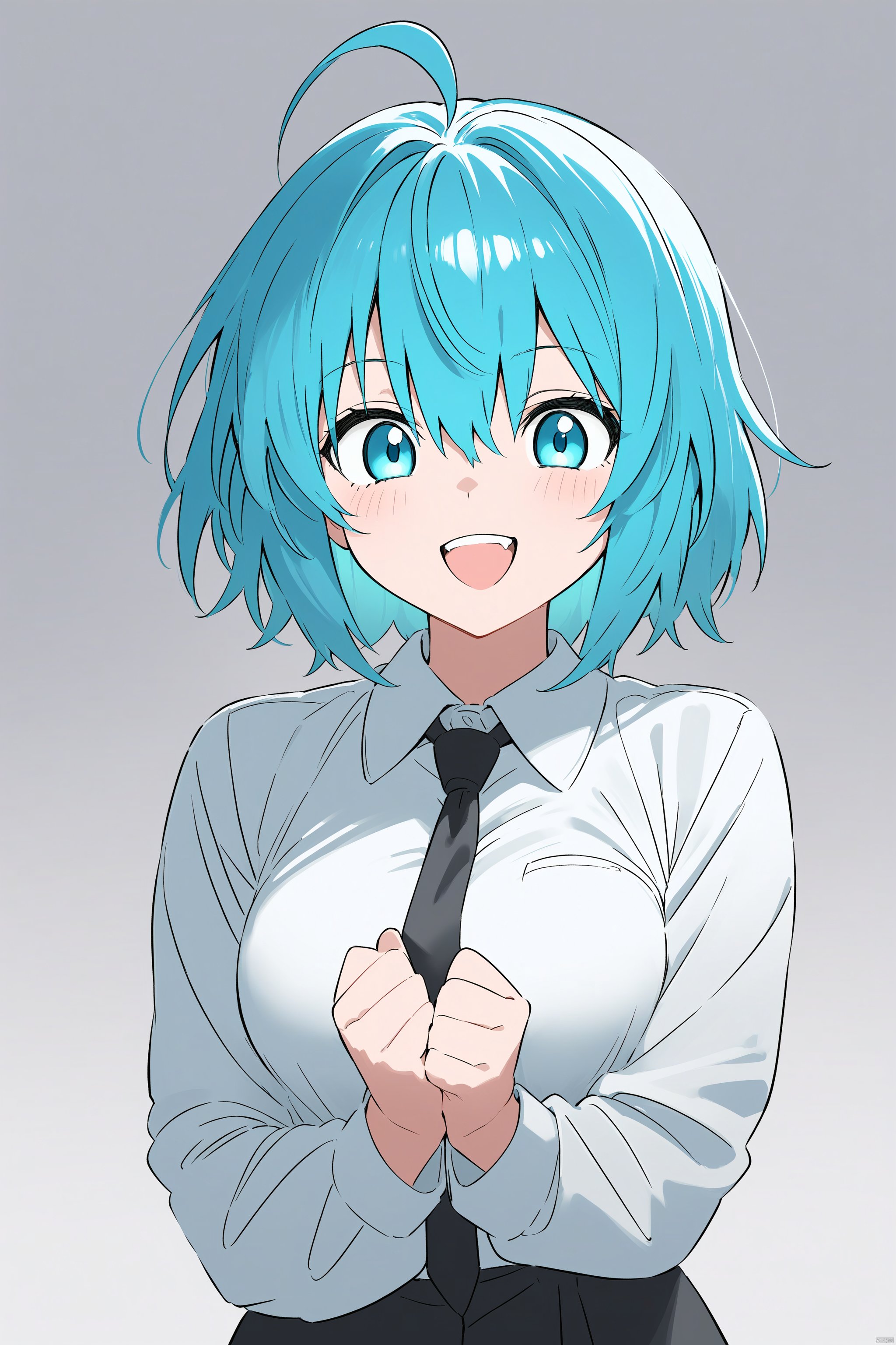 1girl, solo, pseudo impasto, best quality, simple background, white background, gradient background, grey background, upper body, looking at viewer, smile, open mouth, teeth, blue eyes, blue hair, short hair, breasts, collared shirt, white shirt, long sleeves, black necktie, clenched hand