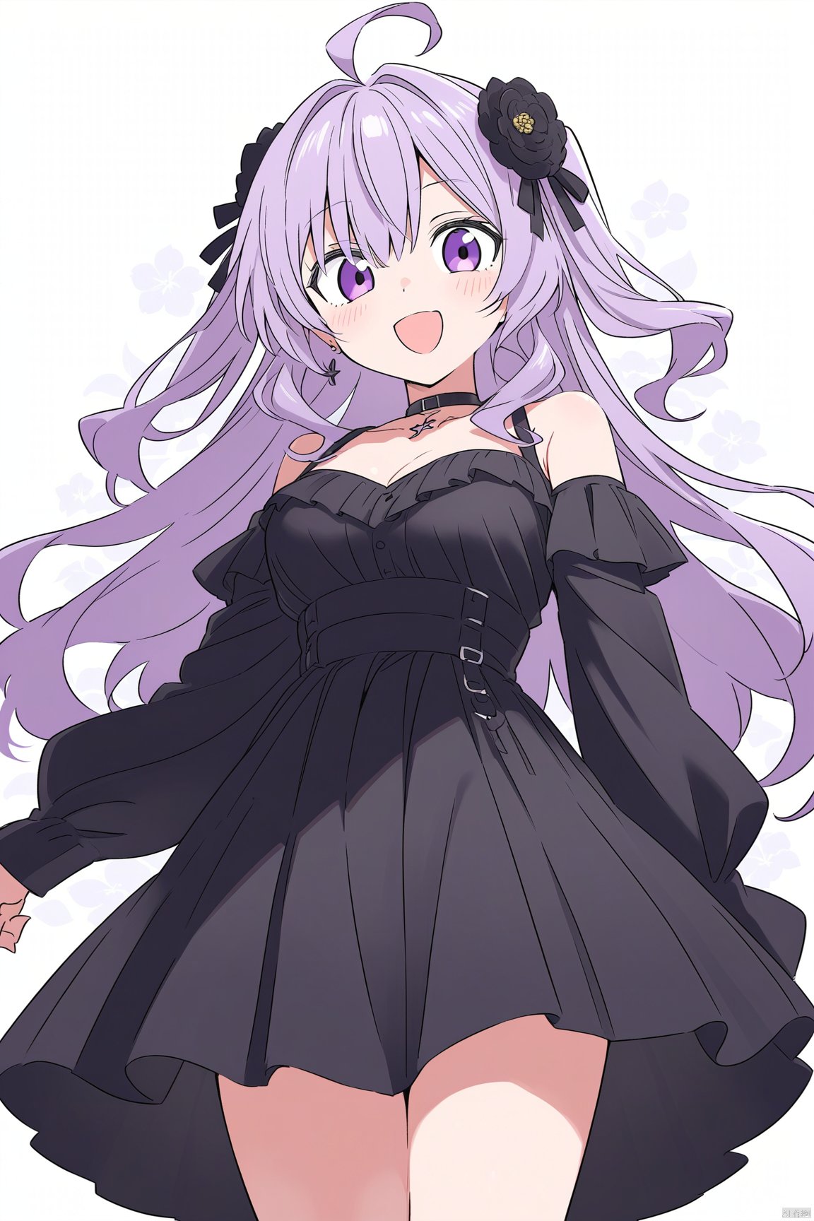 1girl, virtual_youtuber, hair_ornament, solo, long_hair, dress, eyepatch, flower, looking_at_viewer, smile, ahoge, open_mouth, hair_flower, gothic_lolita, lolita_fashion, bare_shoulders, breasts, blush, mole_under_eye, jewelry, purple_eyes, mole, bangs, cross, choker, v, collarbone, petals, earrings