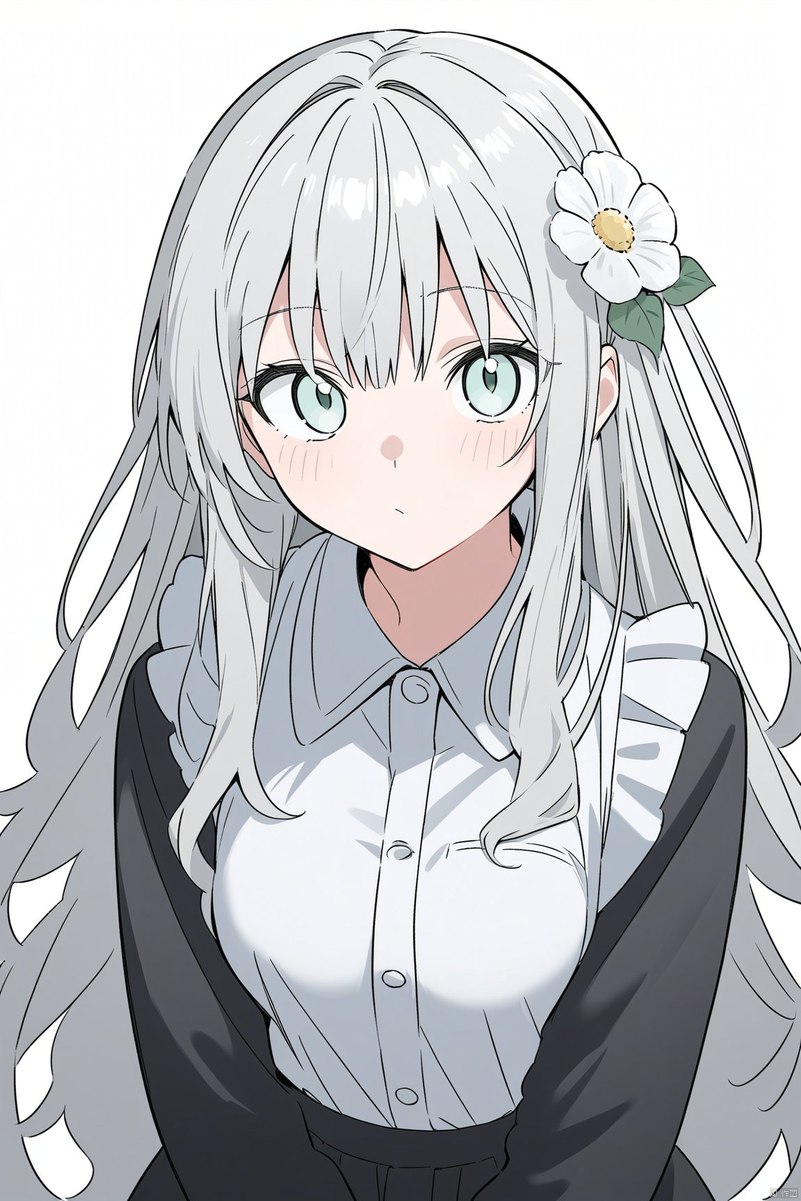 (masterpiece),(best quality),1girl, bangs, bright_pupils, closed_mouth, flower, grey_background, hair_ornament, long_hair, looking_at_viewer, solo, upper_body, very_long_hair, white_flower, white_pupils