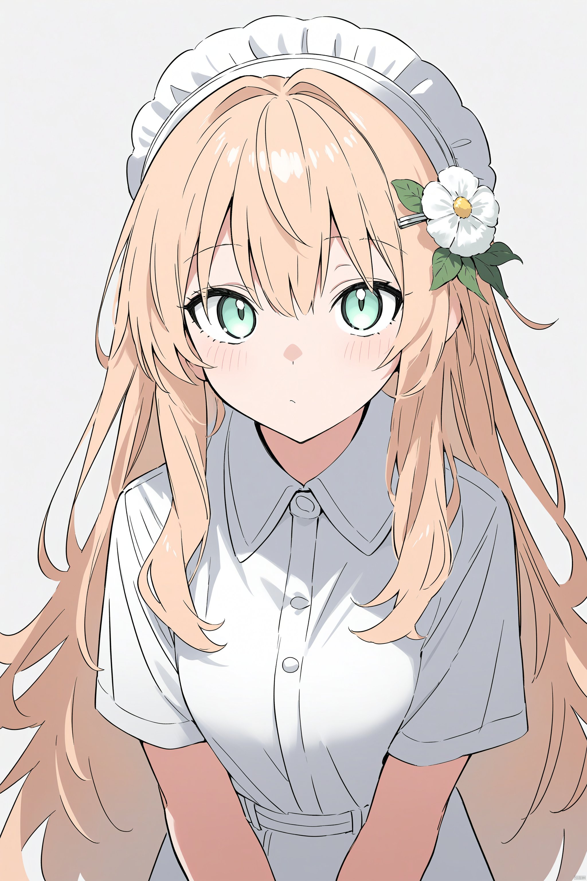 (masterpiece),(best quality),1girl, bangs, bright_pupils, closed_mouth, flower, grey_background, hair_ornament, long_hair, looking_at_viewer, solo, upper_body, very_long_hair, white_flower, white_pupils