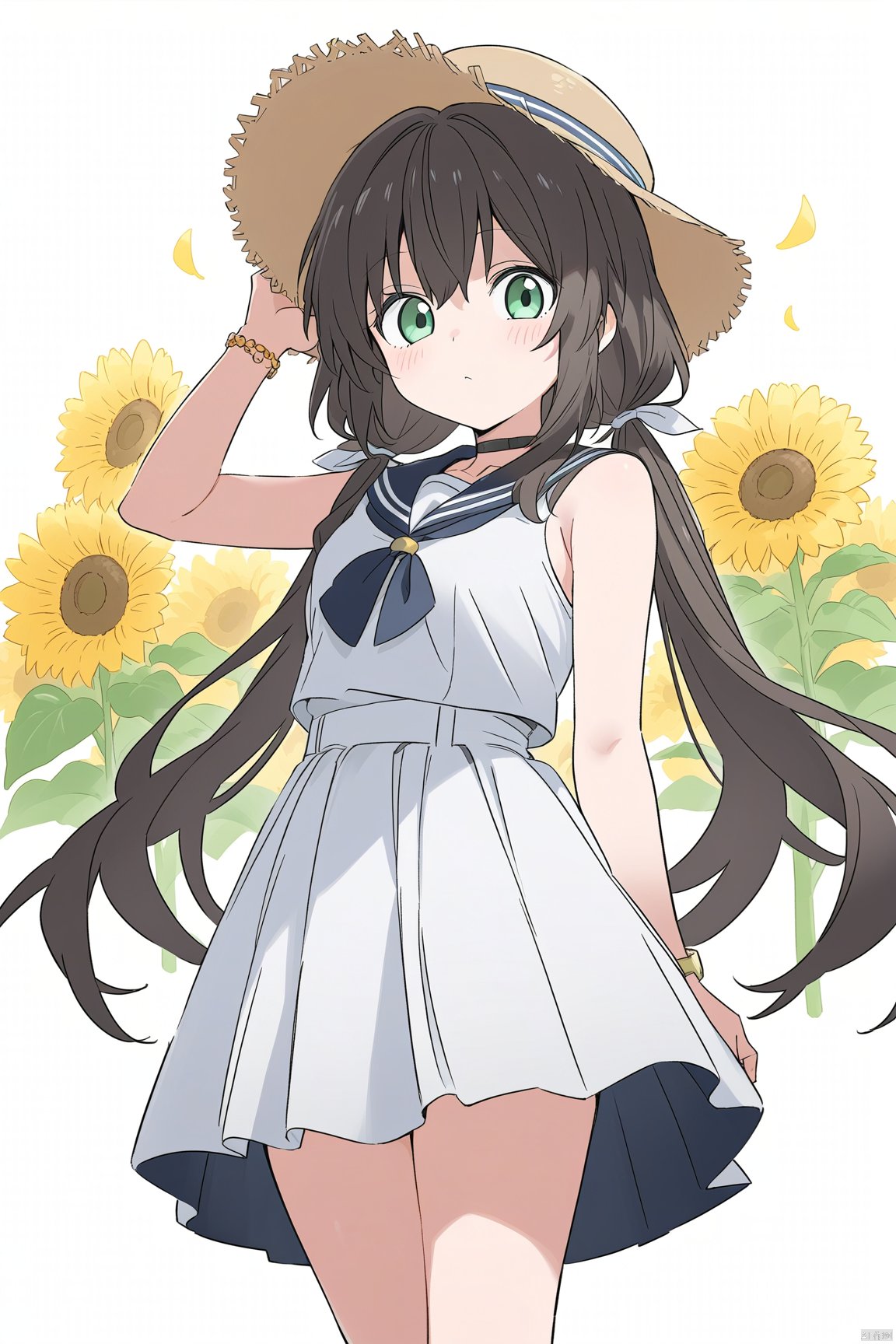 1girl, solo, flower, hat, dress, long hair, sunflower, straw hat, white dress, blue sailor collar, black hair, petals, sailor collar, holding, twintails, green eyes, holding flower, looking at viewer, sleeveless, bracelet, sailor dress, blush, jewelry, yellow flower, low twintails, hand on headwear, bangs, collarbone, closed mouth, sleeveless dress, very long hair, bare shoulders, arm up, choker, ribbon, brown headwear, white background, sun hat