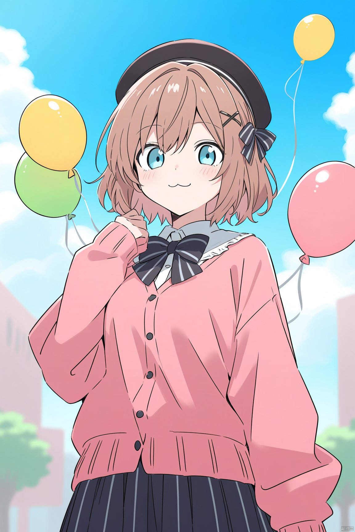 1girl, solo, looking at viewer, blush, smile, bangs, blue eyes, skirt, brown hair, shirt, hair ornament, long sleeves, hat, bow, jewelry, closed mouth, white shirt, cowboy shot, outdoors, frills, sky, day, striped, cloud, virtual youtuber, bowtie, black skirt, medium hair, blue sky, sleeves past wrists, :3, beret, cardigan, x hair ornament, brooch, vertical stripes, striped bow, balloon, striped skirt, pink cardigan, vertical-striped skirt, suzuhara lulu