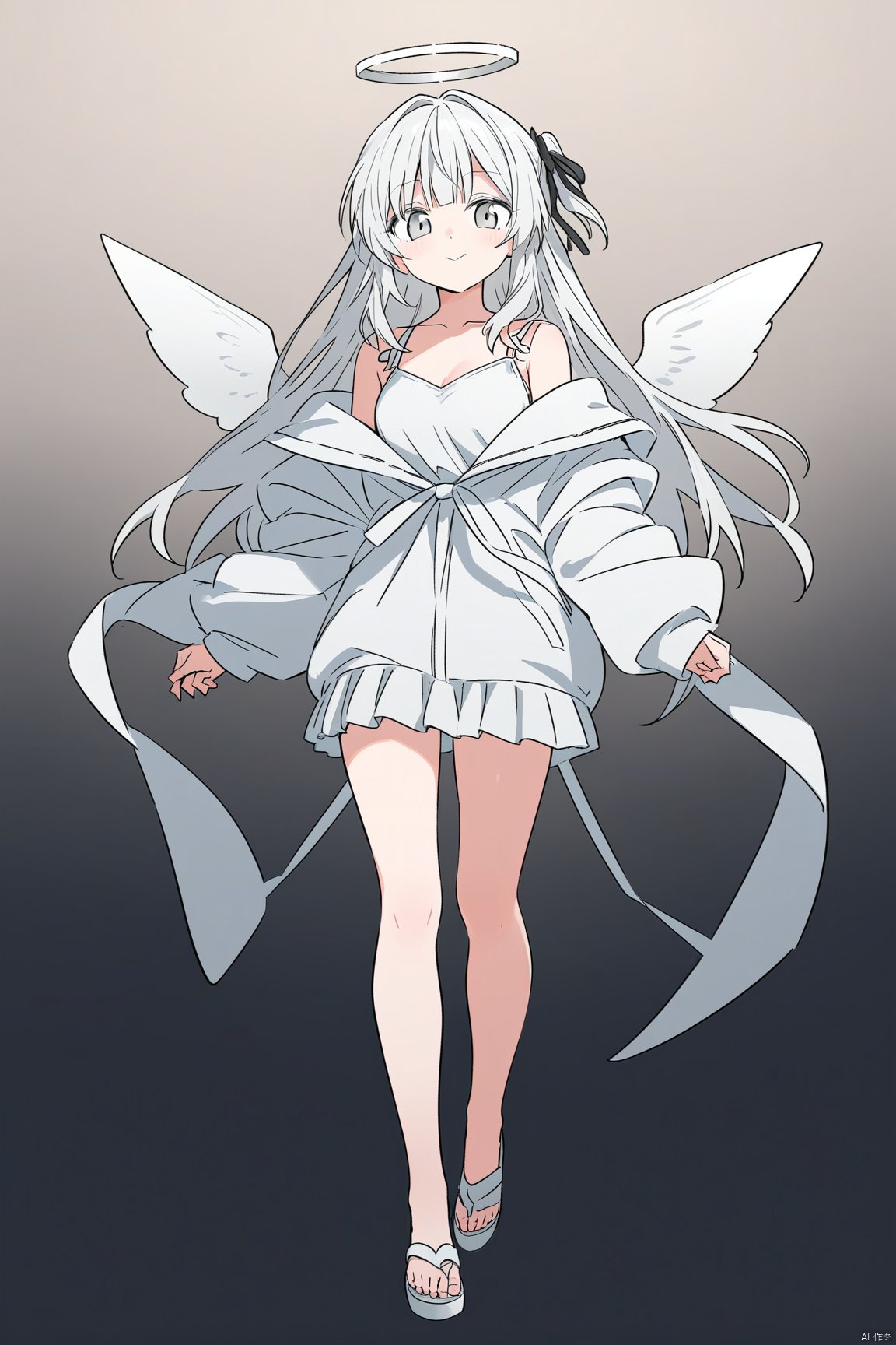 1girl, halo, solo, chromatic aberration, white hair, barefoot, wings, long hair, standing, looking at viewer, off shoulder, bare shoulders, full body, jacket, long sleeves, white jacket, white dress, dress, collarbone, bangs, ribbon, closed mouth