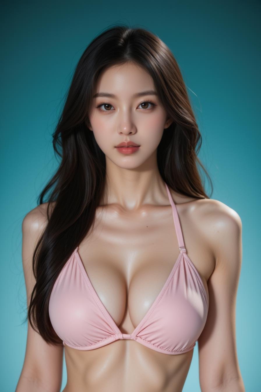 [3]<lora:JasmineFluxV103:1>, Jasmine, Realistic photograph, Movie light, film grain, a stunning real medium breasts Korean woman with long, flowing dark hair, her piercing gaze directly addressing the viewer. 4k, high quality, (best quality:1.1), realistic, photorealistic, close-up, upper body, (ultra HD quality details), High Fashion, A highly detailed, realistic digital photo of a Korean woman 28yo with a pale complexion, emphasizing her enigmatic and mystical aura, high resolution, rich textures, and contemplative mood. Her eyes are a deep piercing and  brown, dynamic angle, dramatic pose, haute couture, elegant, ornate clothing, dark straight hair with a few loose strands framing her face, against a cyan gradient background, brown eyes, looking at viewer, swimsuit, bikini, pink bikini, side-tie bikini bottom, outdoors, looking at viewer, day, cleavage,