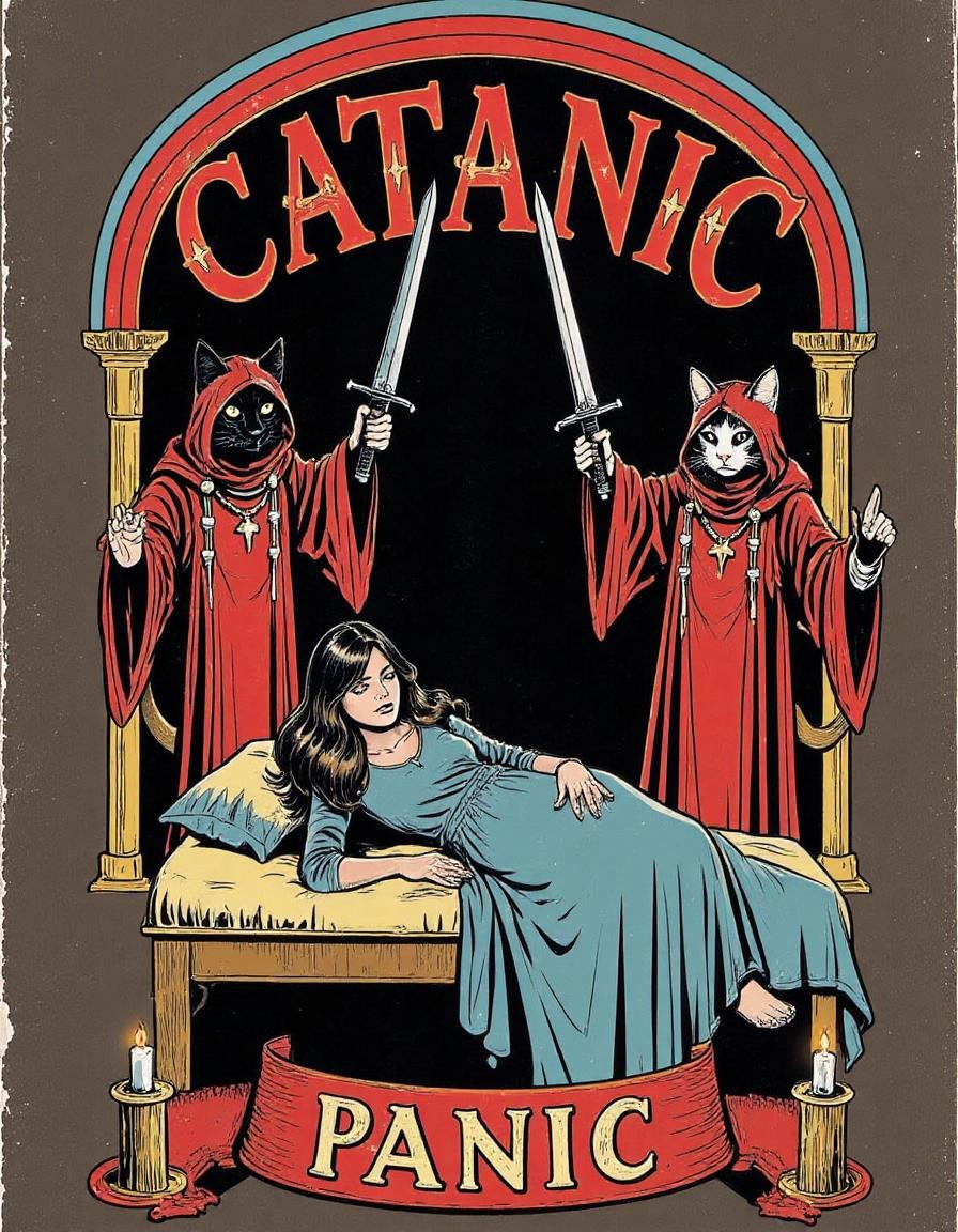 The image is a striking illustration that combines elements of horror and fantasy. At the center, there's a woman lying on a bed with her eyes closed, appearing serene yet slightly melancholic. She is surrounded by three cats, each dressed in red robes and holding a sword aloft as if ready for battle or perhaps symbolizing protection. The cats are positioned symmetrically around her, creating an almost balanced composition.Above the central scene, the word 'CATANIC' is prominently displayed in large, bold letters, suggesting a theme related to this term. Below the central figure, the word 'PANIC' is written in a smaller font, reinforcing the ominous atmosphere. The background features Gothic-style arches and candles, adding to the eerie ambiance. This artwork seems to be designed to evoke a sense of tension and mystery, possibly hinting at themes of supernatural power or impending danger.st3v3n_r0hod3s