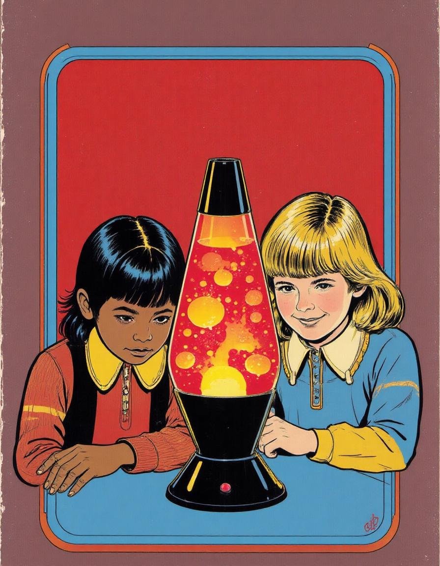 an illustration of two children, a boy and a girl, sitting at a table with a lava lamp in front of them. The background of the painting is a deep red color. st3v3n_r0hod3s