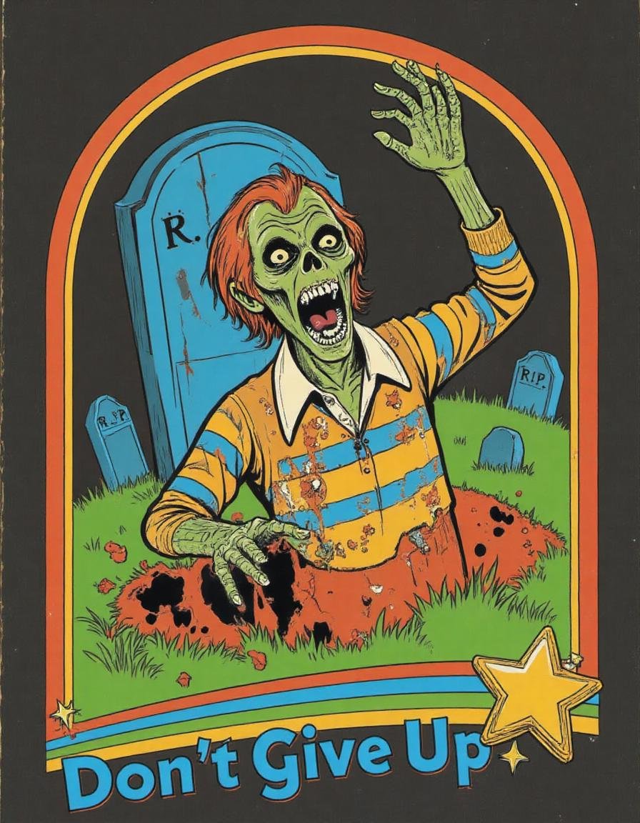 Retro-styled zombie rising from the grave in a vibrant cartoonish aesthetic. The zombie has a skeletal face with patches of decaying flesh, hollow eyes, and a wide, ghastly grin. It is wearing a torn yellow and blue striped shirt, revealing decayed skin and bones underneath. One hand reaches upward, while the other breaks through the dirt. The background features a graveyard with a large, cracked gravestone marked 'R.I.P.' and other smaller tombstones in the distance. Bright green grass contrasts with the dark tones of the graveyard. At the bottom, a colorful vintage banner arcs across the frame, with the bold, bubble-like text 'Don't Give Up' in blue letters outlined in white. A large yellow star and sparkles adorn the banner. The overall vibe is a mix of horror and humor, with a playful, retro 70s-80s feel, and a bright, contrasting color palette. st3v3n_r0hod3s