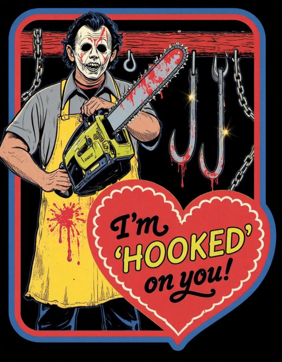 The image is a vibrant and stylized illustration of a character from the horror movie 'Halloween'. The central figure, dressed in a yellow apron, holding a chainsaw with blood dripping from it. The backdrop features red chains with large hooks hanging from a wooden beam, adding to the eerie atmosphere. A bold red heart-shaped sticker at the bottom proclaims "I'm 'HOOKED' on you!" in white text, emphasizing the character's connection to the film's themes of revenge and psychological manipulation.st3v3n_r0hod3s