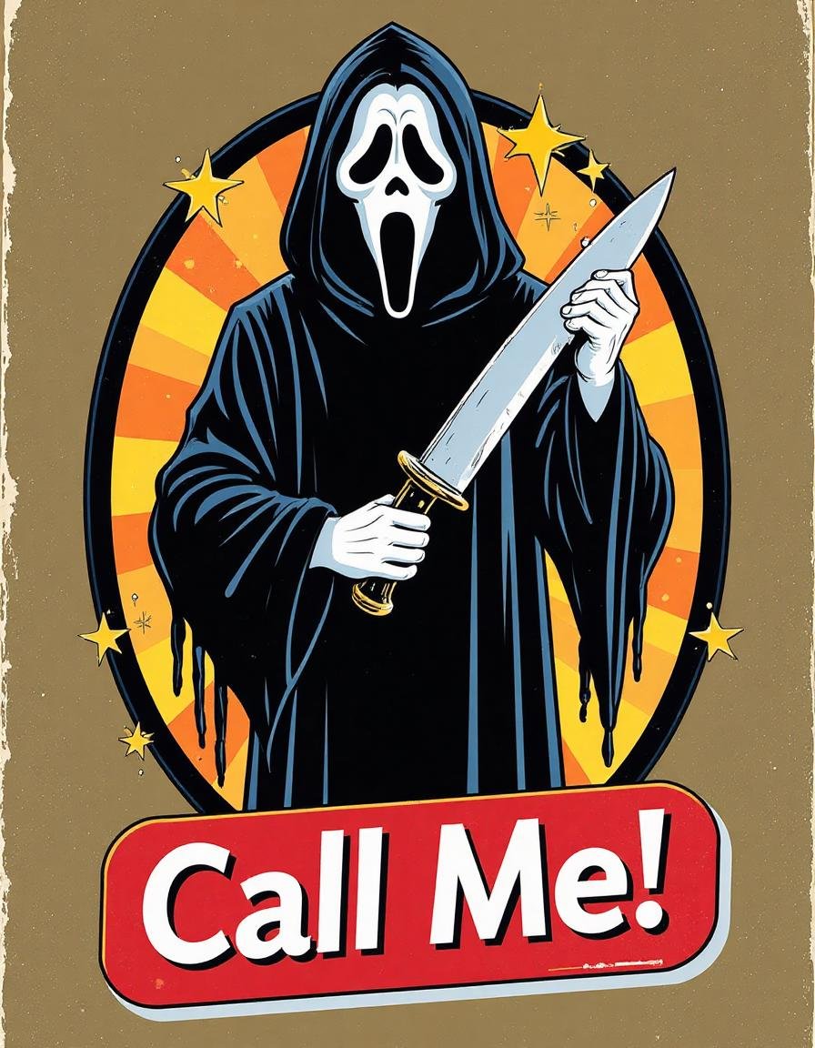 The image is a vibrant and stylized illustration of a character from the horror movie 'Scream'. The central figure, Ghostface, dressed in black robe, holding a large knife  and a phone. A bold red sticker at the bottom proclaims "Call Me!" in white text, emphasizing the character's connection to the film's themes of revenge and psychological manipulation  st3v3n_r0hod3s