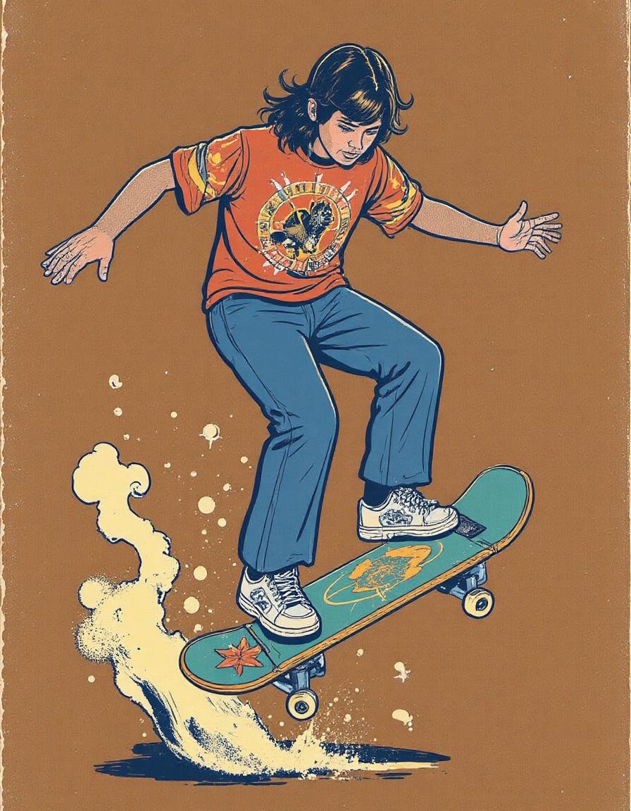 an illusttation of a skateboarder doing an ollie, intricate, highly detailed, digital painting, artstation, matte, sharp focus, in the style of st3v3n_r0hod3s 