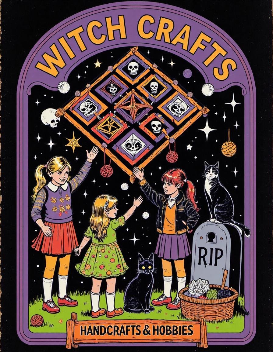 Retro-styled cartoon featuring three young girls engaging in witch-themed crafts. The scene is playful and whimsical, with the girls raising their hands in excitement as they admire a large patchwork quilt floating above them. The quilt features colorful squares, each adorned with witchy symbols like skulls, pentagrams, and moons in shades of purple, orange, red, and green. One girl, with blonde hair in pigtails, wears a purple and white shirt with a red skirt. Another girl has purple hair in pigtails, wearing a green dress with a dotted pattern, while the third girl has long red hair, wearing a black jacket over a purple skirt. They are surrounded by balls of yarn and knitting tools floating in the air, adding to the crafting theme.Behind them, a gravestone marked 'R  I  P' is nestled in the ground next to a skull, while a basket full of yarn and crafting supplies sits in front of it. A black cat, wrapped in red yarn, is sitting on the right side of the image. The background is framed with a light purple border, filled with sparkles and stars, adding a magical atmosphere to the scene.At the top, the bold text 'Witch Crafts' is written in a large, playful, bubble-like font with a purple outline. Below the scene, the text 'Handcrafts & Hobbies' is written in a smaller font, grounding the theme in a humorous take on crafting with a witchy twist. The overall color palette is bright and retro, featuring purples, greens, oranges, and blacks, creating a fun, lighthearted, and magical vibe. st3v3n_r0hod3s