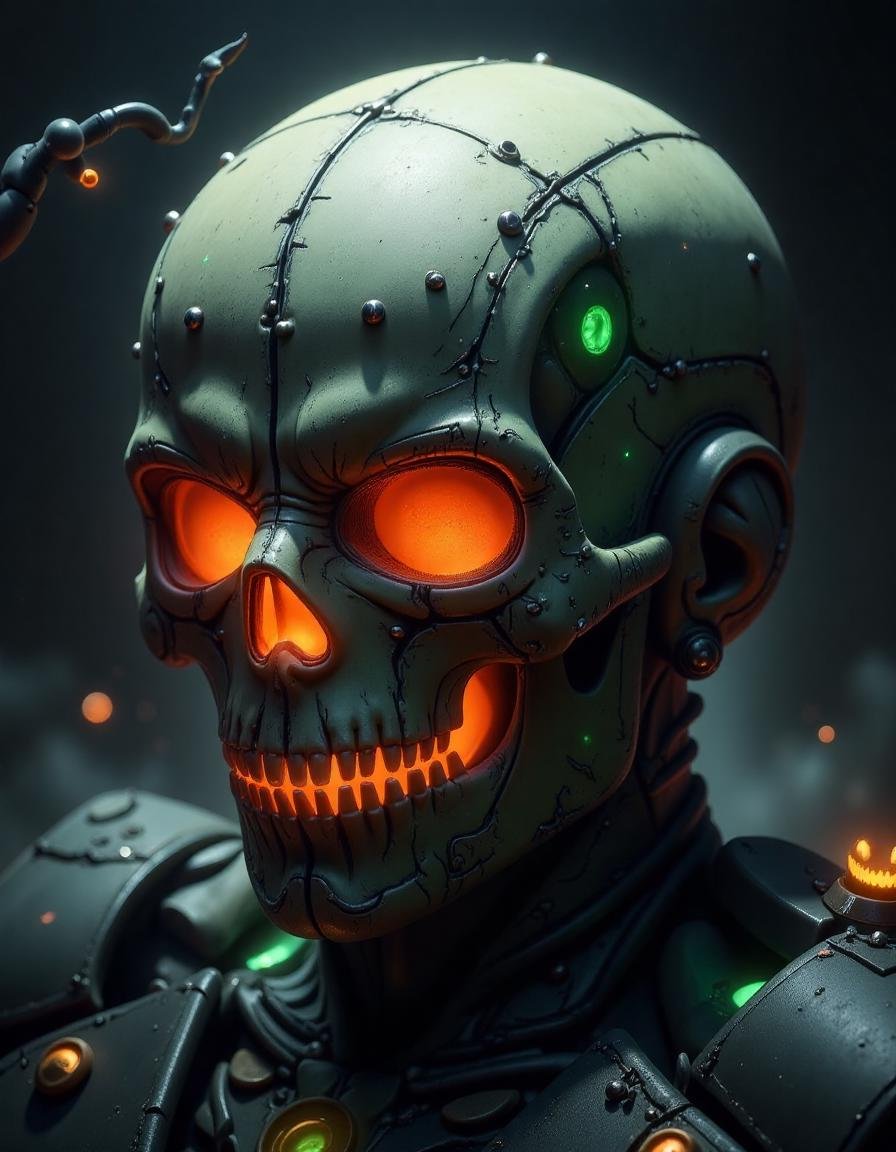 spooky halloween , a green and orange  skull, in the style of hall0w33n 