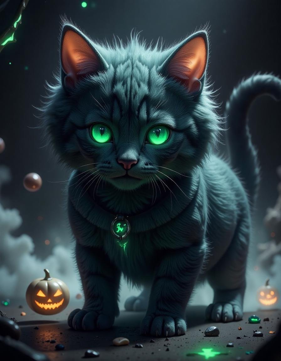 spooky halloween , a blue  Kitten, in the style of hall0w33n 