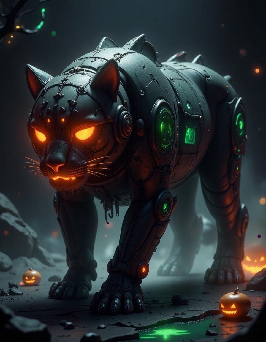 sifi, spooky halloween tech , a orange glowing  Leopard, in the style of hall0w33n 