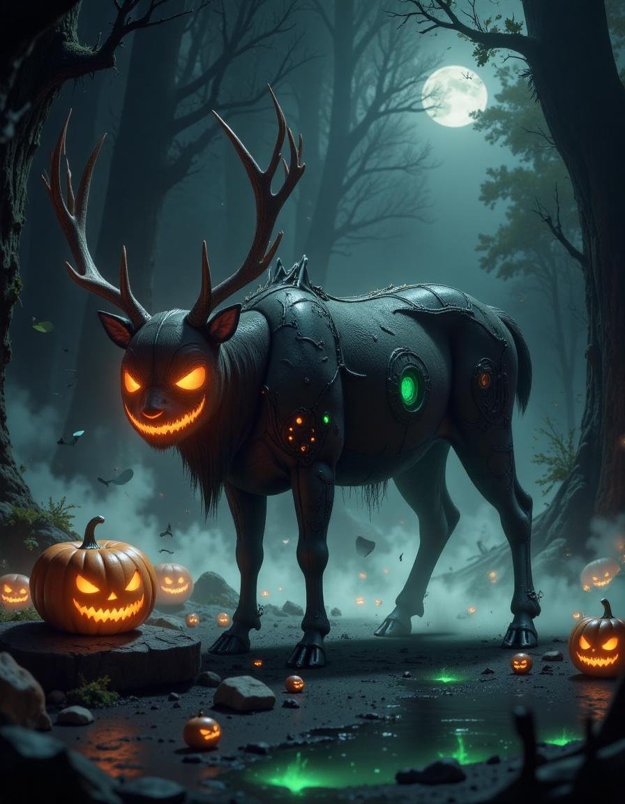 a photo  of a spooky halloween sifi a deer grazing in the forest, in the style of hall0w33n 