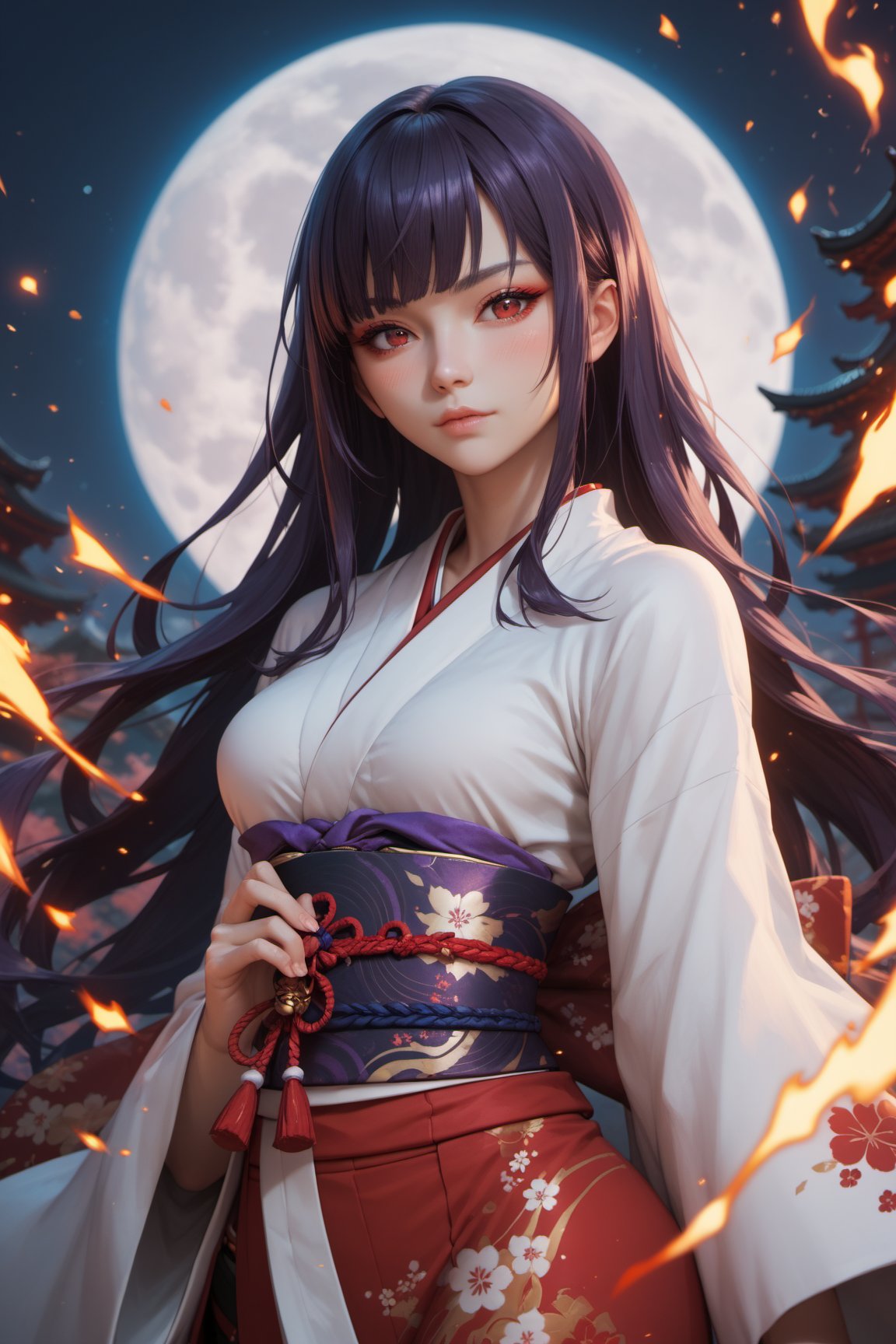 score_9, score_8_up, score_7_up, beautiful girl, natural lip, samurai kimono, looking at viewer, beautiful, red eyes, sultry look. fantasy, moon, fire Sparks, dark purple hair, long hair, bangs, blush, black_mask, thin waist, large hip