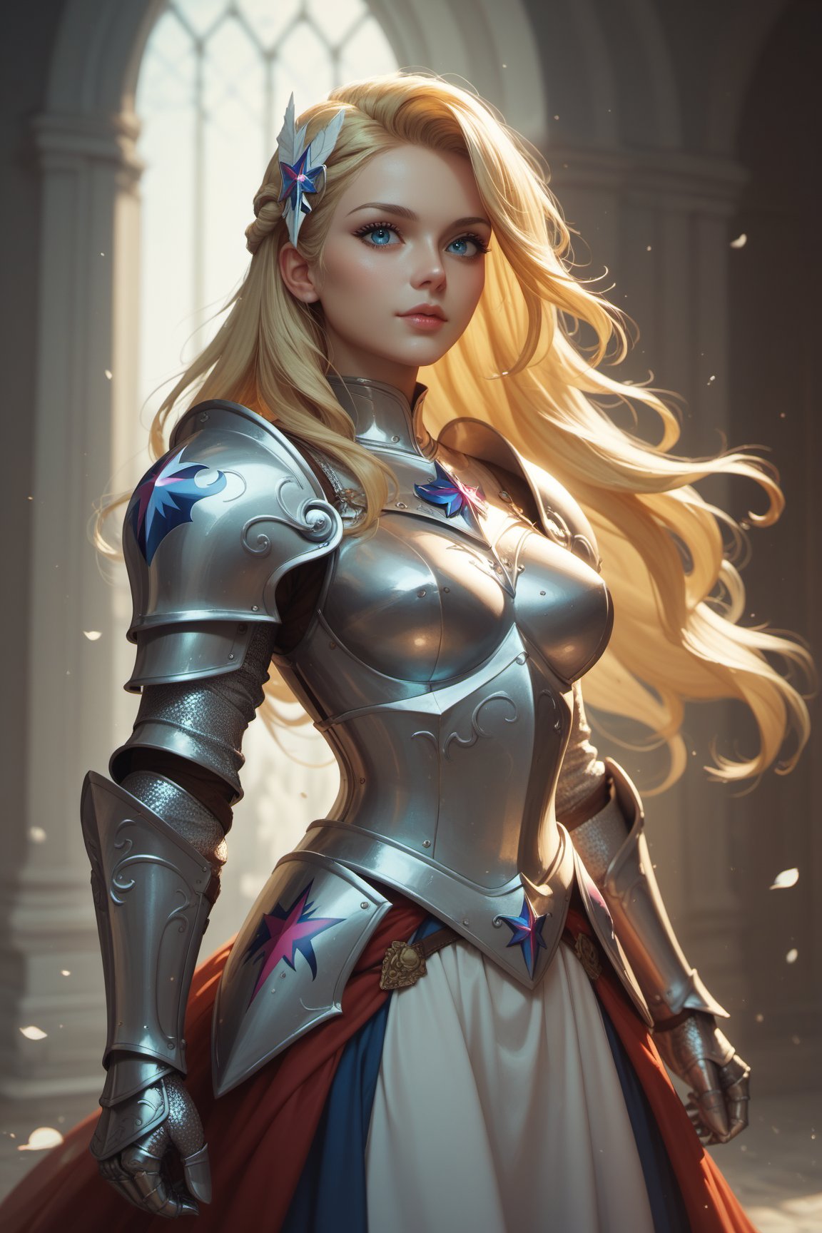 score_9, score_8_up, score_7_up, beautiful girl, female Knight, long blonde hair, blue eyes, magical armor, medival armor, skirt, engravings, looking at viewers, 