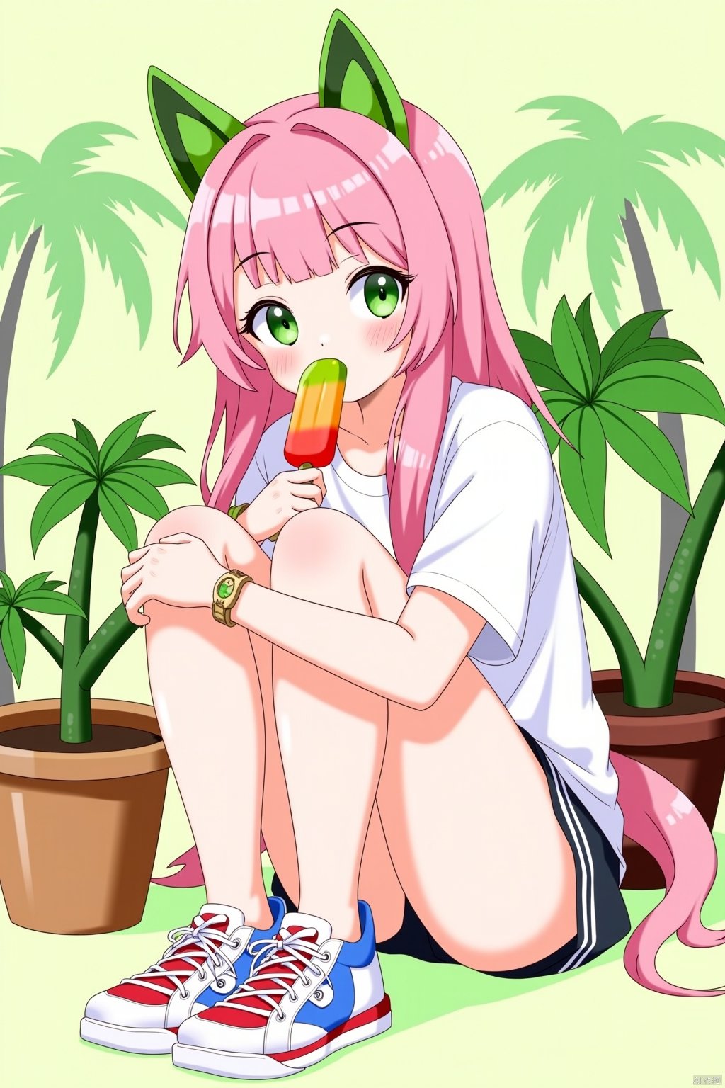 l1girl, animal_ears, bangle, bracelet, food, fruit, green_eyes, green_wings, jewelry, knees_up, leaf, long_hair, palm_tree, pink_hair, plant, popsicle, potted_plant, shirt, shoes, short_sleeves, sitting, sneakers, solo, tail, watch, white_shirt, wristband, wristwatch