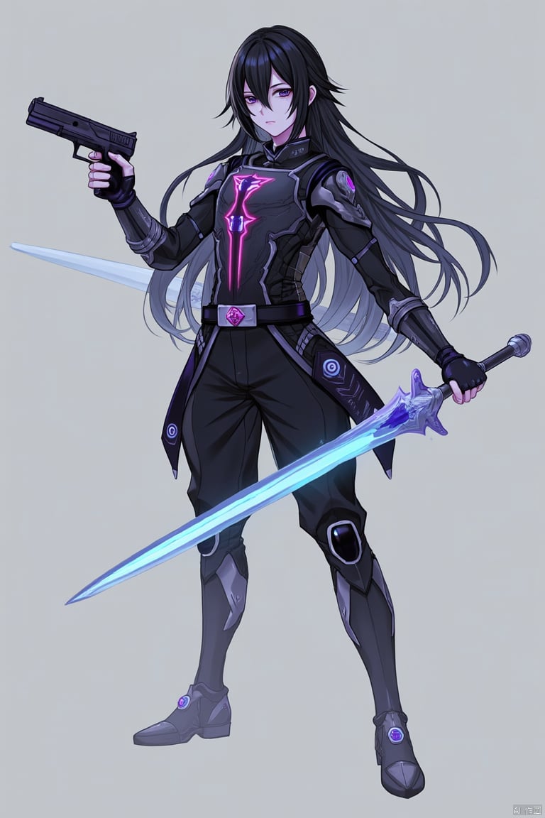 1boy, character: kirito, androgynous, solo, science fiction, grey background, male focus, holding, holding weapon, holding gun, holding sword, looking at viewer, black eyes, hair between eyes, long hair, black hair, very long hair, gloves, fingerless gloves, armor, pants, black pants, black gloves, weapon, gun, sword, energy sword, glowing sword, glowing weapon, handgun, beam saber, otoko no ko, breastplate, glowing, energy, energy beam, dual wielding