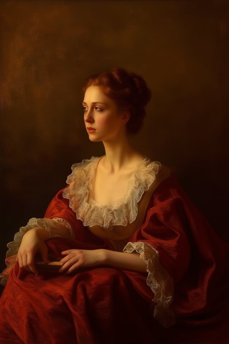 A serene young woman, dressed in elegant attire, sits majestically against a richly hued backdrop, reminiscent of 17th century Dutch Masters. Her porcelain skin glows with a soft, golden light, as if illuminated by the warm rays of a sunlit window. Brushstrokes blend seamlessly, evoking the textured, painting.