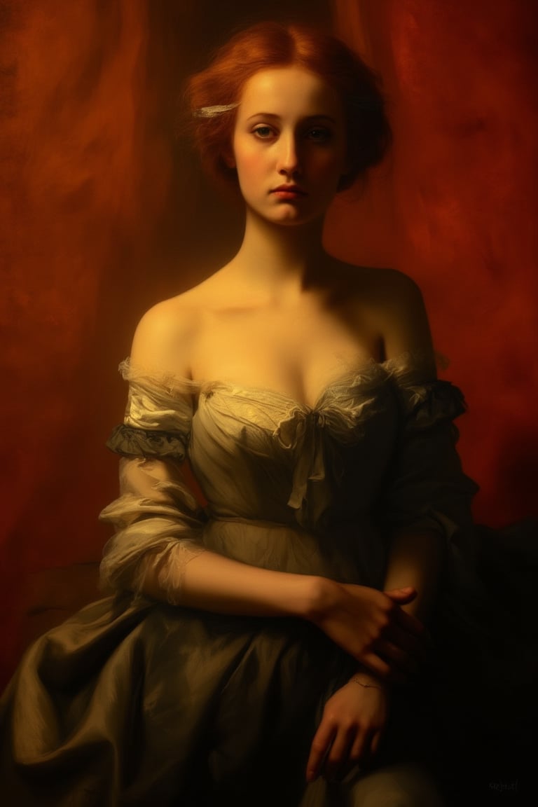 A serene young woman, dressed in elegant attire, sits majestically against a richly hued backdrop, reminiscent of 17th century Dutch Masters. Her porcelain skin glows with a soft, golden light, as if illuminated by the warm rays of a sunlit window. Brushstrokes blend seamlessly, evoking the textured, painting.