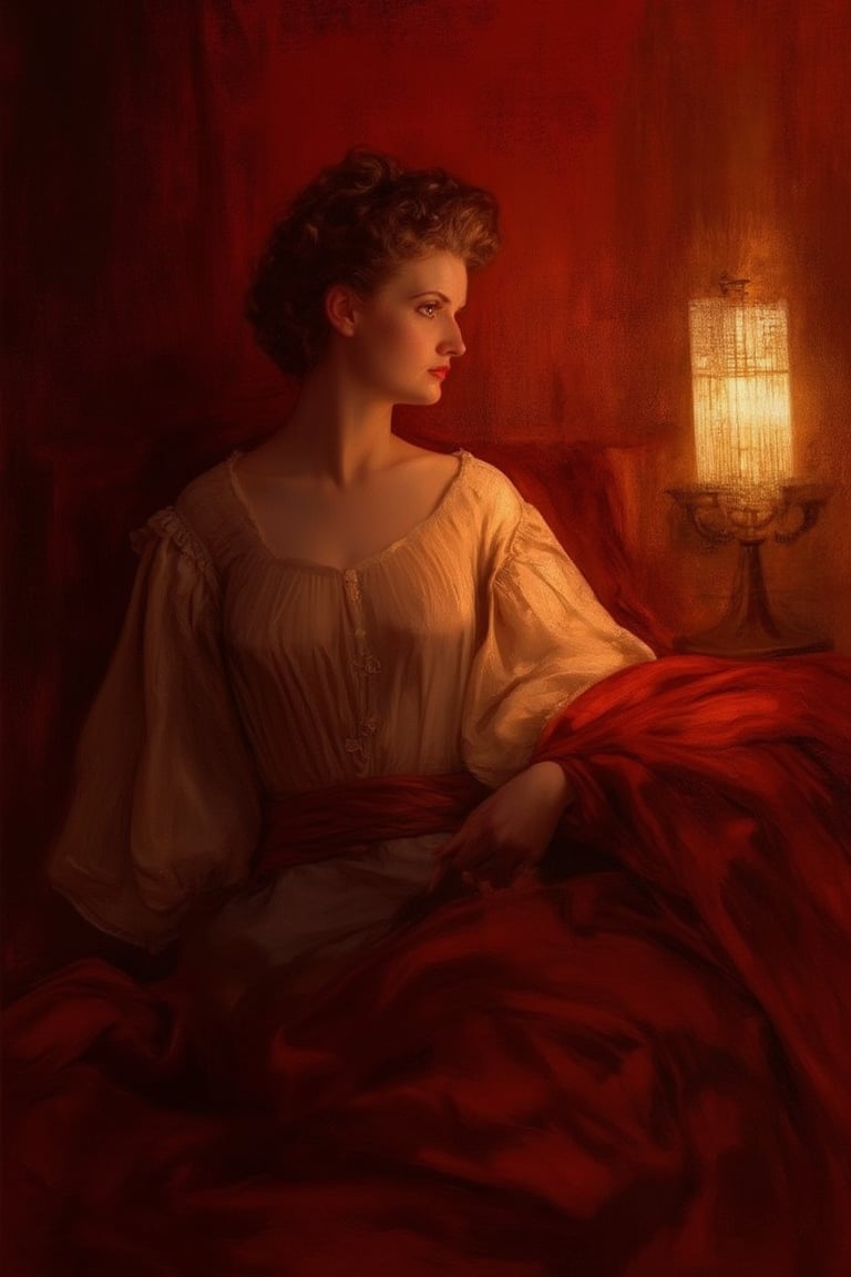 A serene young woman, dressed in elegant attire, sits majestically against a richly hued backdrop, reminiscent of 17th century Dutch Masters. Her porcelain skin glows with a soft, golden light, as if illuminated by the warm rays of a sunlit window. Brushstrokes blend seamlessly, evoking the textured, painting.