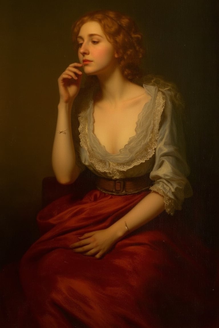 A serene young woman, dressed in elegant attire, sits majestically against a richly hued backdrop, reminiscent of 17th century Dutch Masters. Her porcelain skin glows with a soft, golden light, as if illuminated by the warm rays of a sunlit window. Brushstrokes blend seamlessly, evoking the textured, painting.