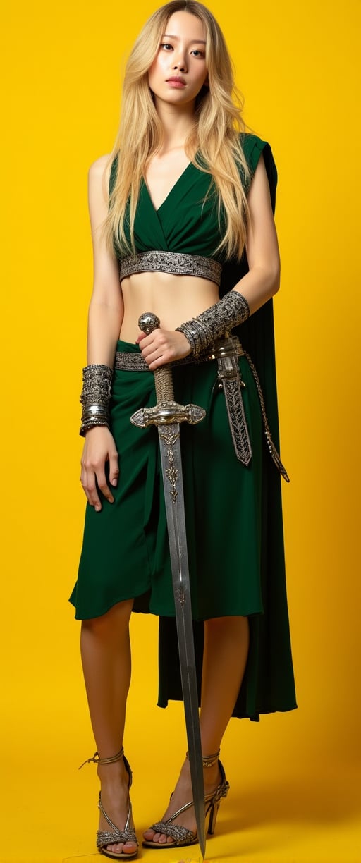 

A masterpiece photograph shot on Canon EOS R6, showcasing a woman dressed in a warrior costume is stunning. She is holding a sword in her right hand, her left hand resting on her hip. Her right arm is draped in a green skirt, adorned with a silver belt. Her left arm is adorned with silver bracelets, adding a touch of charm to her outfit. Her blonde hair is cascading down her back, adding depth to her composition. The backdrop is a vibrant yellow, creating a striking contrast to the woman's costume.,ct-muun