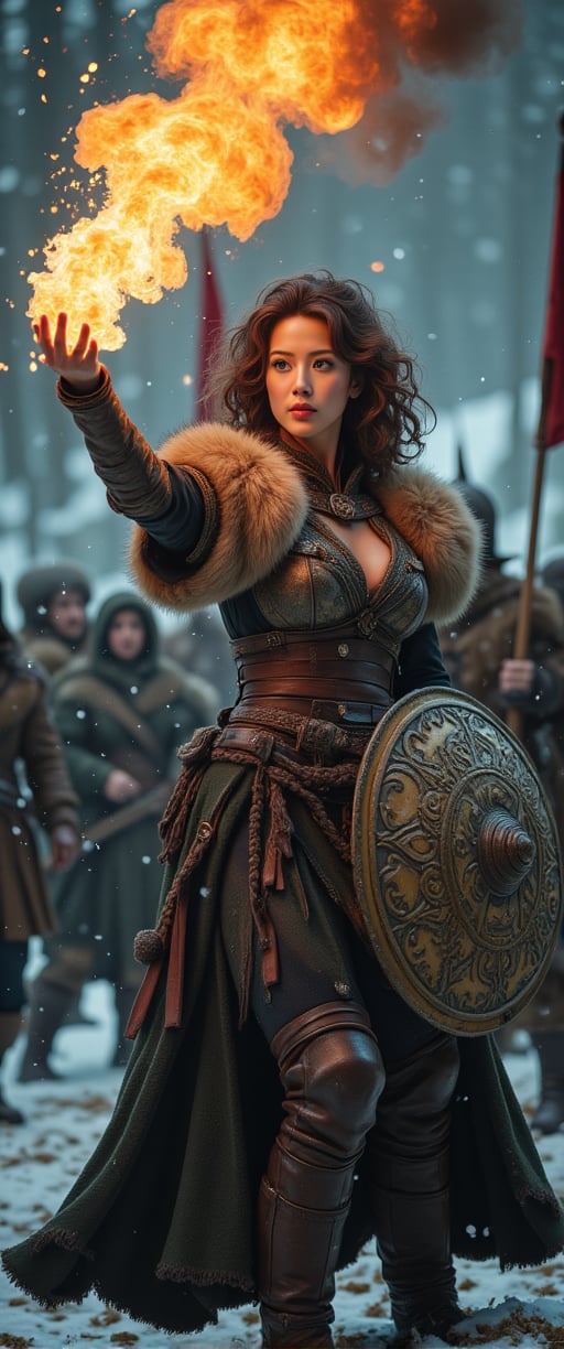 intensely focused Viking woman warrior with curly hair hurling a burning meteorite from her hand towards the viewer, the glowing sphere leaves the woman's body getting closer to the viewer leaving a trail of smoke and sparks, intense battlegrounds in snowy conditions, army banners, swords and shields on the ground,ct-kbright,ct-muun