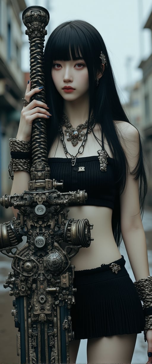 

A masterpiece photograph shot on Canon EOS R6, showcasing a stunning young woman with long, black hair and striking red eyes. She stands in a dystopic urban setting, dressed in a pleated skirt adorned with jewelry and a thigh strap. Her bangs are blunt, framing her pale skin and black nails. In one hand, she holds a large, mechanical sword covered in intricate parts, gears, and rivets, contrasting with her delicate features. The other hand is wrapped in chains, adding to the sinister aura. Her gaze meets the viewer's, exuding confidence and mystery. The overall atmosphere is whimsical and youthful, reflecting the unique Xianji subculture. Ultra-realistic details include 64k HDR, highly detailed skin, and ultra-sharp features. Capture this captivating scene with a photorealistic image that tells a story of contrasts.,ct-muun