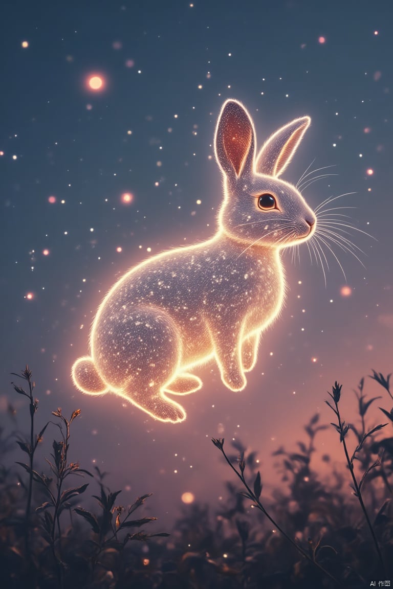 A rabbit, Glowing rabbit, transparent color, flying across the sky, a glowing rabbit flying across the sky,