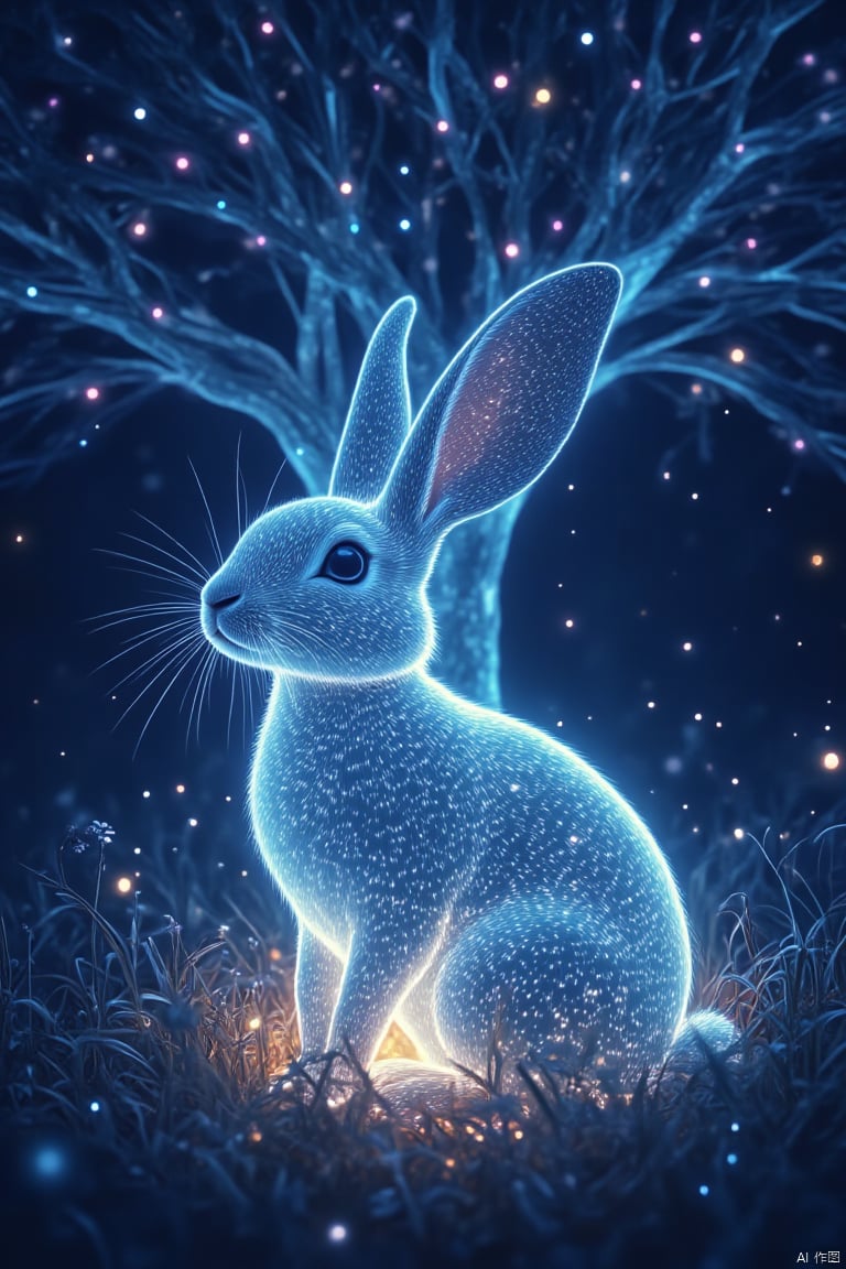 A rabbit, Glowing rabbit, transparent color, a huge blue tree is in the background, the tree emits colorful light, the grass emits light, fluorescent grass,There are fireflies in the air,