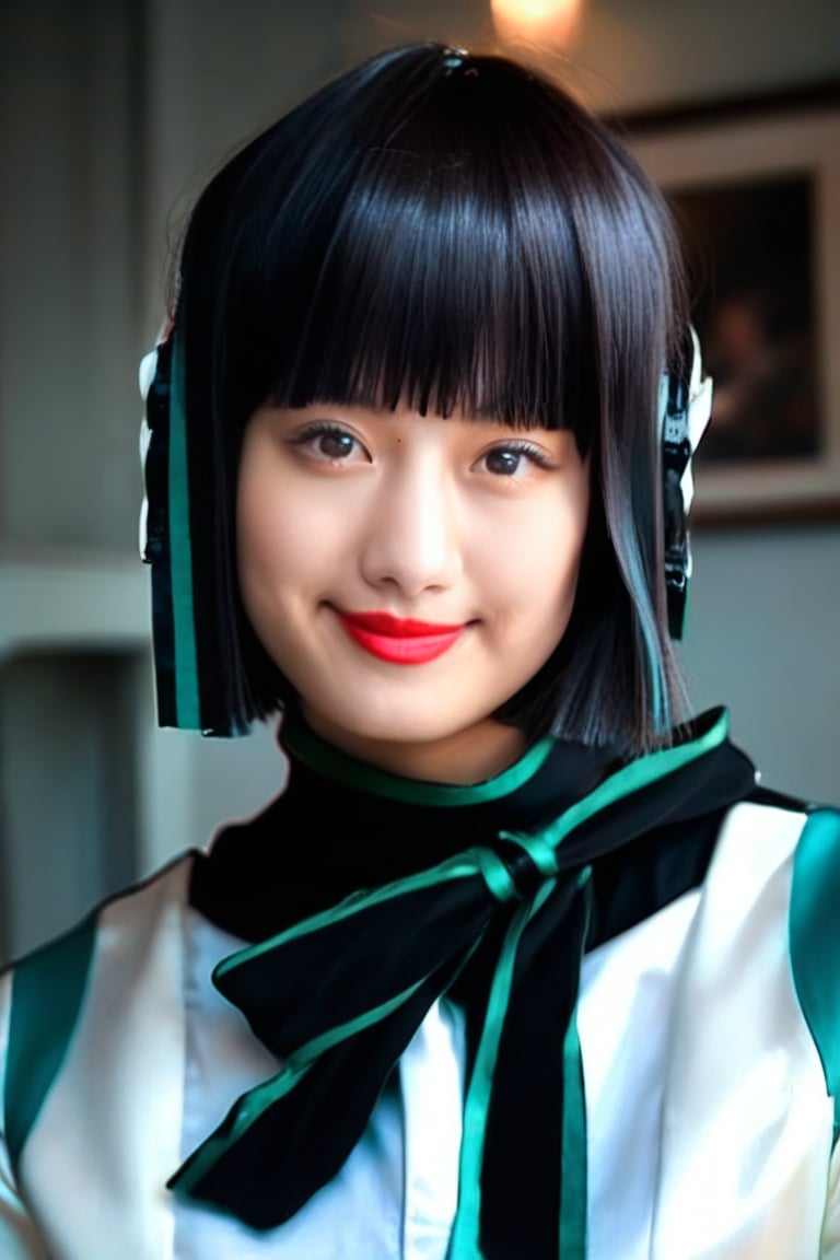 score_9, score_8_up, score_7_up, looking at viewer, short hair, black hair, bangs, lips, long sleeves, (realistic: 0,8), ribbon, best quality, high detail, 8K, white, smile