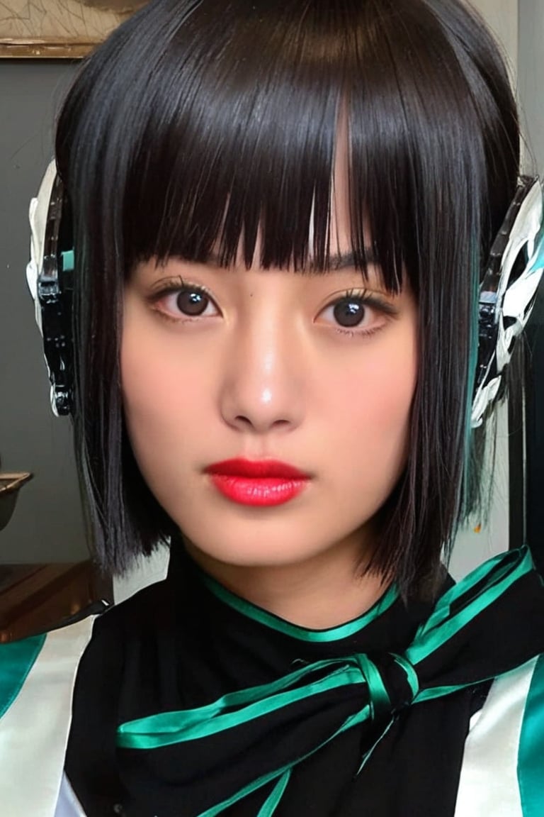 score_9, score_8_up, score_7_up, looking at viewer, short hair, black hair, bangs, lips, long sleeves, (realistic: 0,8), ribbon, best quality, high detail, 8K, white, masterpiece, portrait, dark eyes