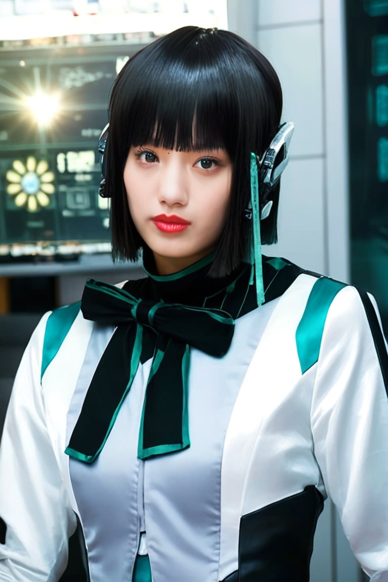 score_9, score_8_up, score_7_up, short hair, black hair, bangs, lips, long sleeves, (realistic: 0,8), ribbon, best quality, high detail, 8K, futuristic, dark eyes