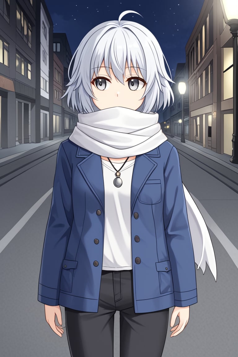 1girl, solo, rainaygo, duel monster, white hair, short hair, ahoge, grey eyes, modern urban clothes, casual clothing, blue jacket, long sleeves, white shirt, necklace, white scarf, covered mouth, black pants, outdoors, night, city, street, standing, looking away, expressionless, cowboy shot 