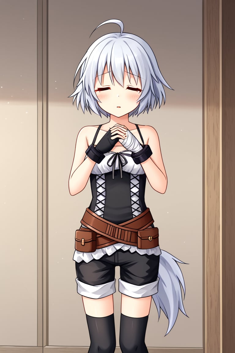 1girl, solo, rainaygo, duel monster, white hair, short hair, ahoge, closed eyes, corset, brown belt, black shorts, black thighhighs, single glove, shackles, bandaged hand, standing, standing, hands together, parted lips, sad, indoors, looking at viewer